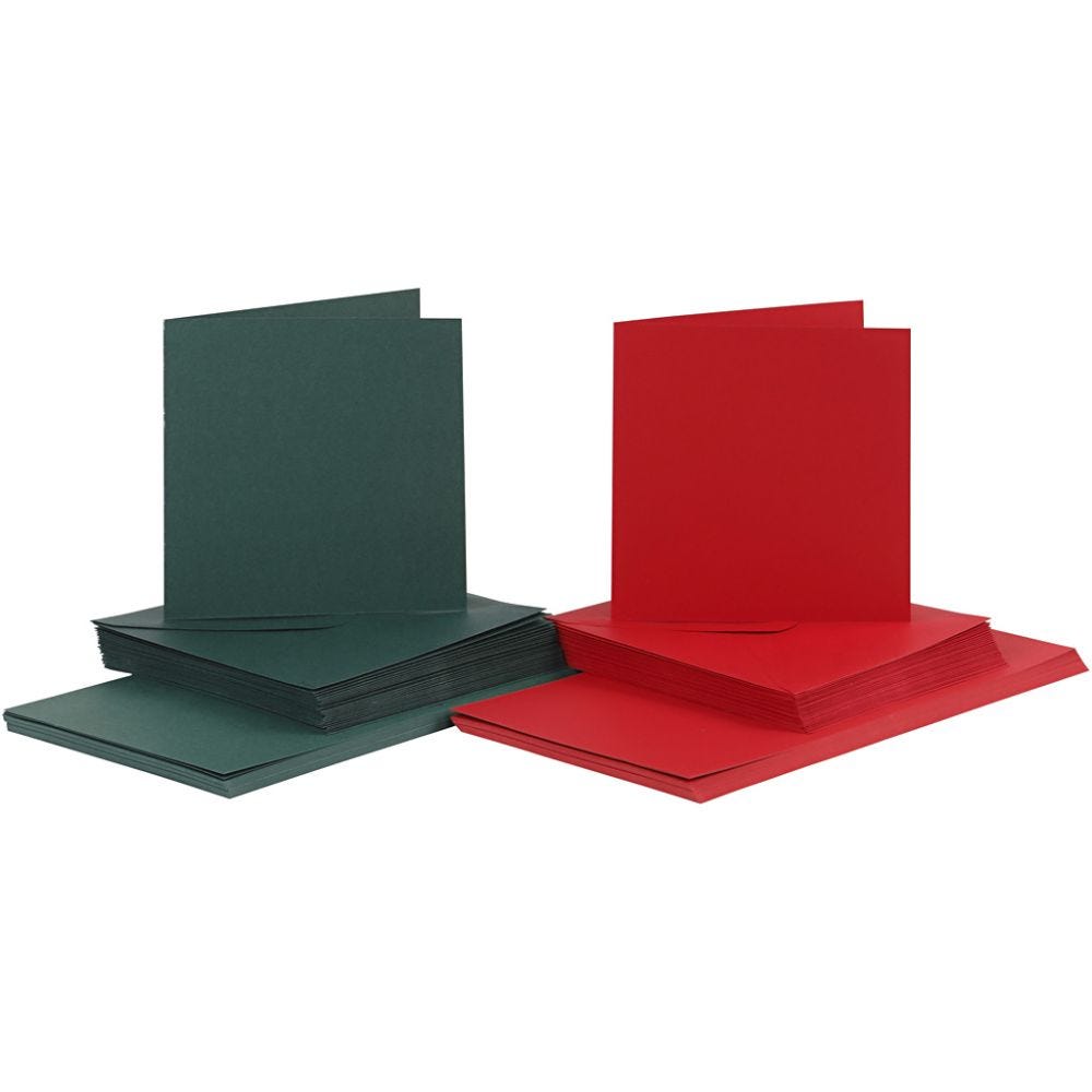 Korttipohja-/kirjekuoripakkaus, kortin koko 15x15 cm, kirjekuoren koko 16x16 cm, 110+230 g, vihreä, punainen, 50 set/ 1 pkk