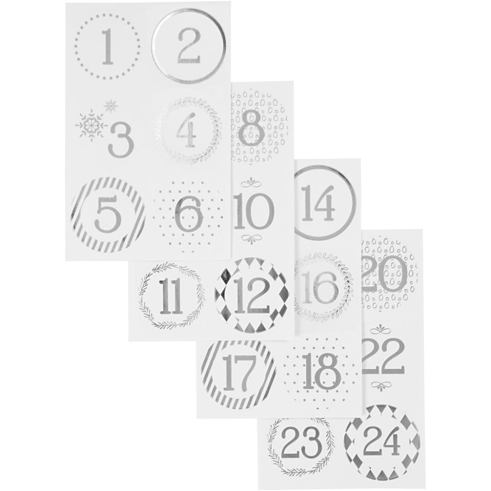 Joulukalenteritarrat, halk. 40 mm, 9x14 cm, hopea, valkoinen, 4 ark/ 1 pkk